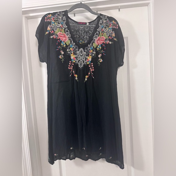 Johnny Was Tops - Johnny Was Black Tunic with Multicolor Floral Embroidery